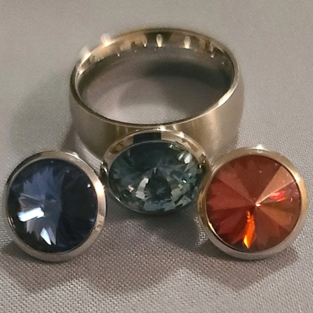 Inox Stainless Interchageable Sapphire Aquamarine Garnet Color Cabochon Gem Ring - Picture 5 of 8